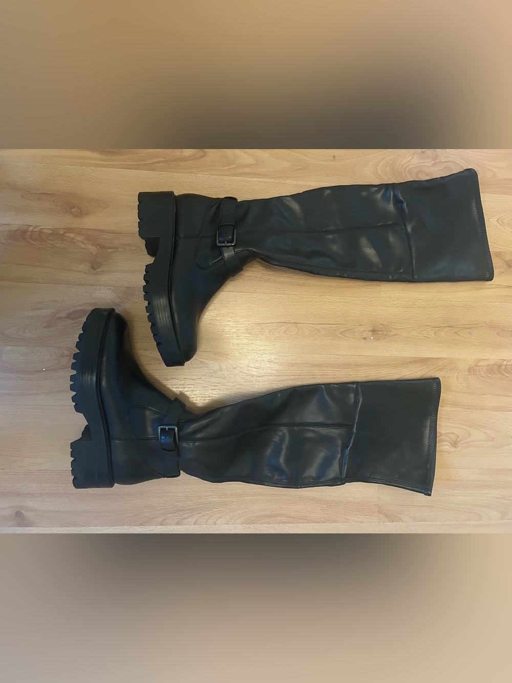 Guess Black Knee-High Lug Sole Leather Boots with Ankle Buckle